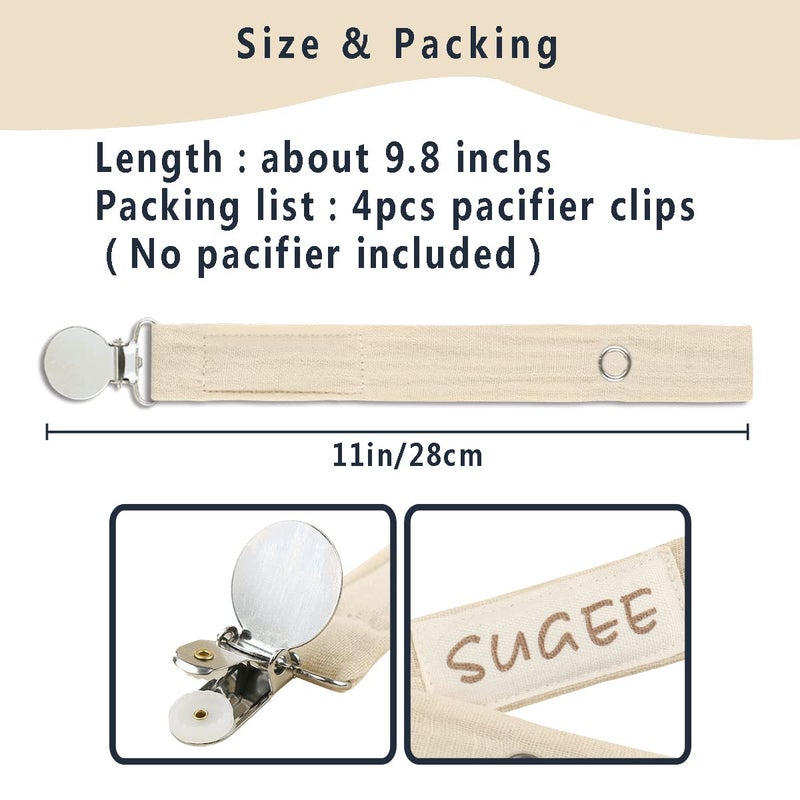 SUGEE Baby Pacifier Clip Leash Holder Unisex for 4 Pack Gift Set with Neutral Solid Colors ;Soft Linen Pacifier Clips ; Fabric Pacifier Strap with Clip Keeps Pacifiers & Teethers in Place - Image 3